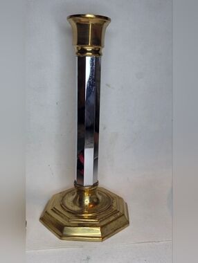 Vintage MCM Mixed Metal Candlestick Brass Chrome Mirrored Hexagonal Taper Holder